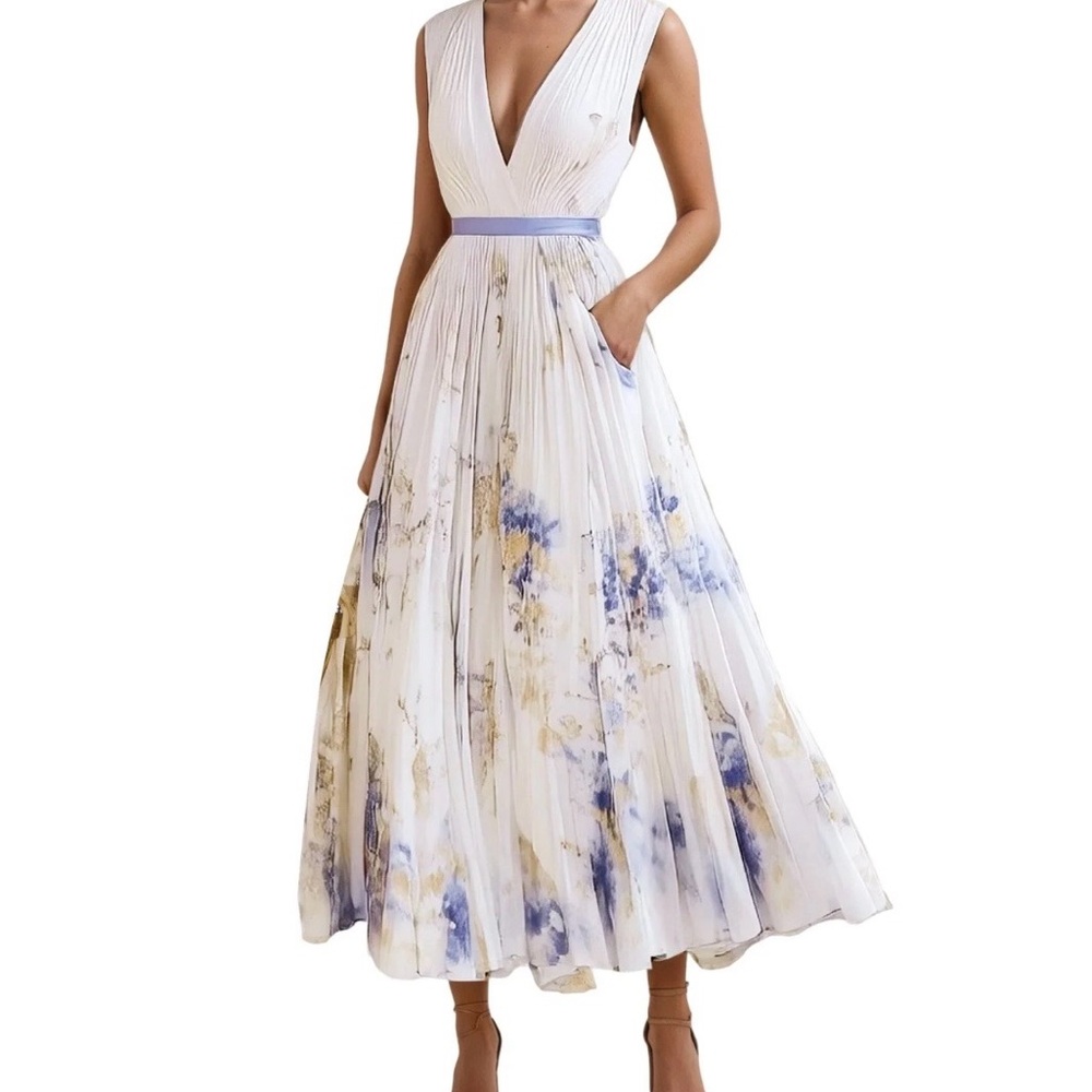Elegant White V-Neck Midi Dress with Blue & Gold Floral Print